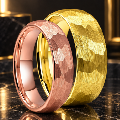  Hammered Faceted Brushed Tungsten Couple Wedding Band