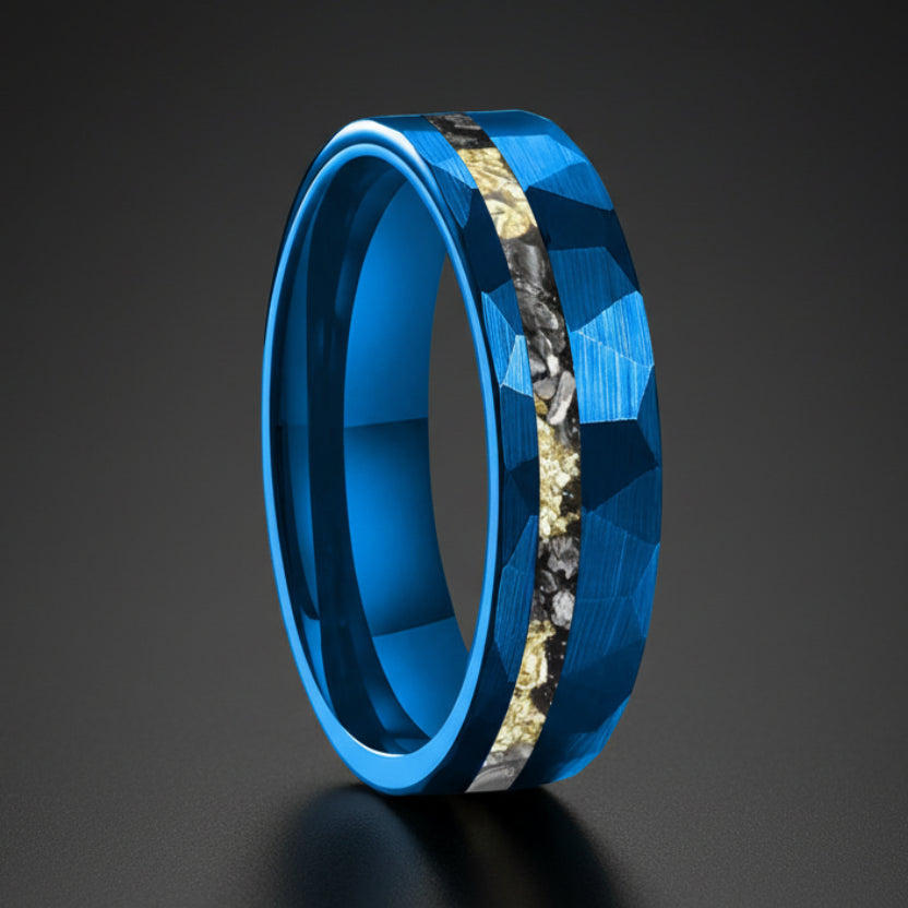 Hammered Gold Foil Meteorite Tungsten Wedding Band