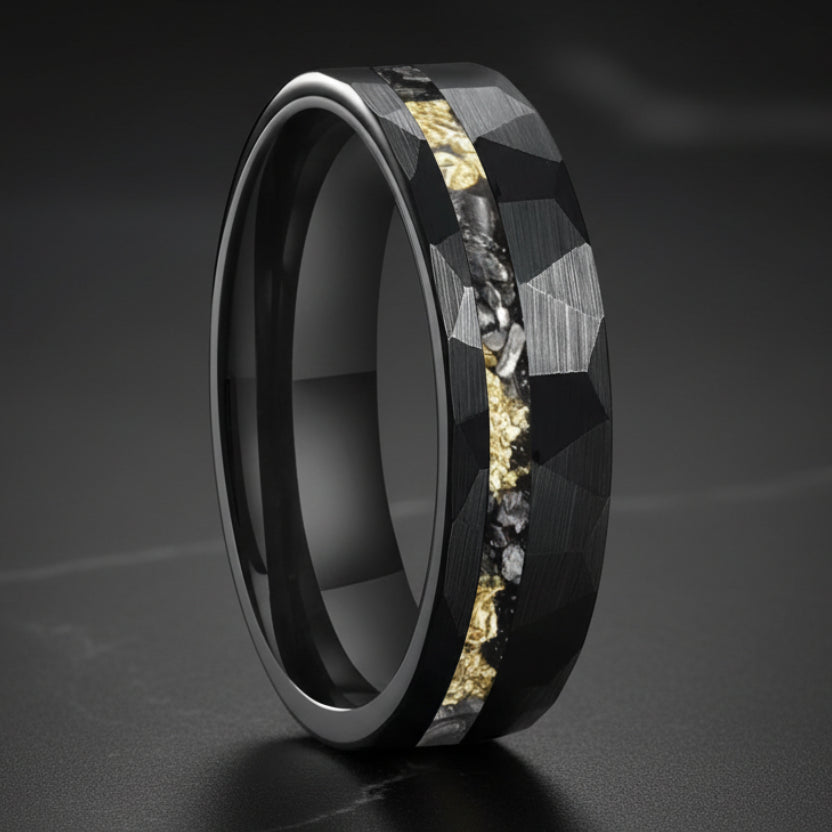 Hammered Gold Foil Meteorite Tungsten Wedding Band