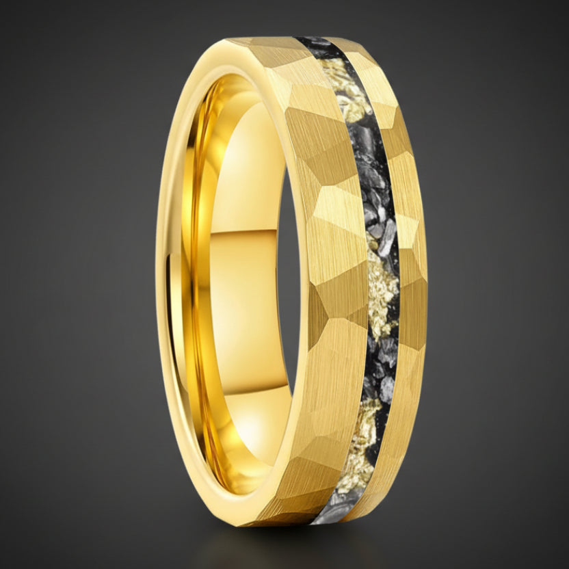Hammered Gold Foil Meteorite Tungsten Wedding Band