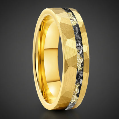 Hammered Gold Foil Meteorite Tungsten Wedding Band