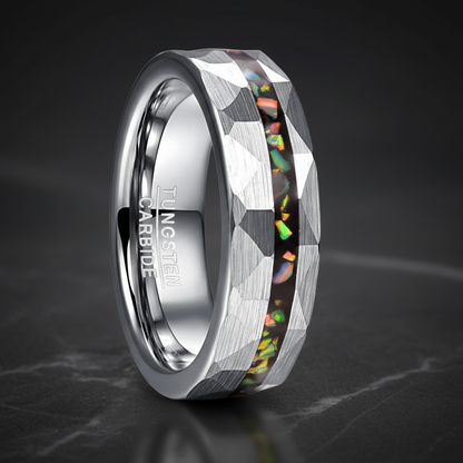 Hammered Sand Inlaid with Opal Steel tungsten Ring