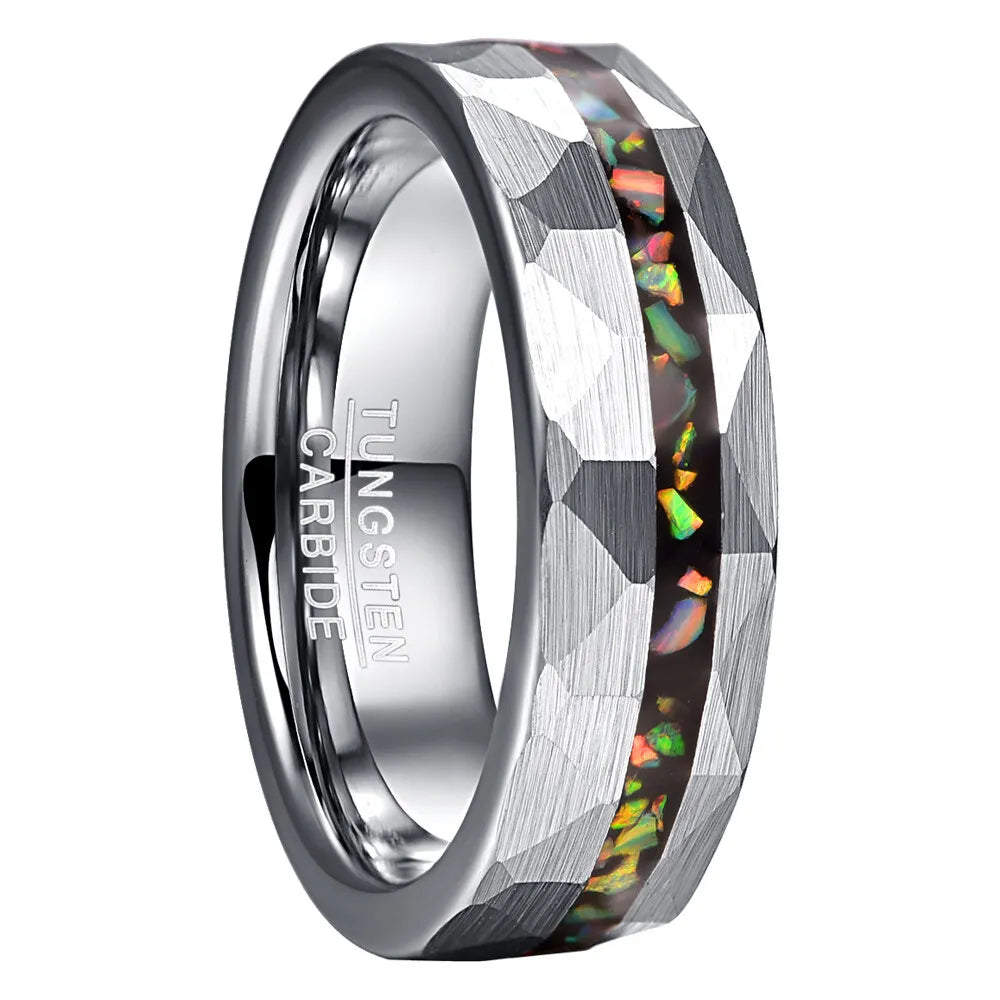 Hammered Sand Inlaid with Opal Steel tungsten Ring