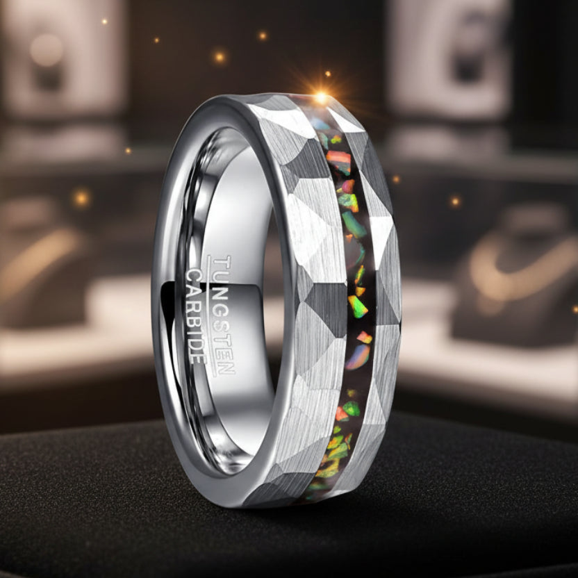 Hammered Sand Inlaid with Opal Steel tungsten Ring