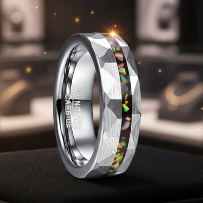 Hammered Sand Inlaid with Opal Steel tungsten Ring