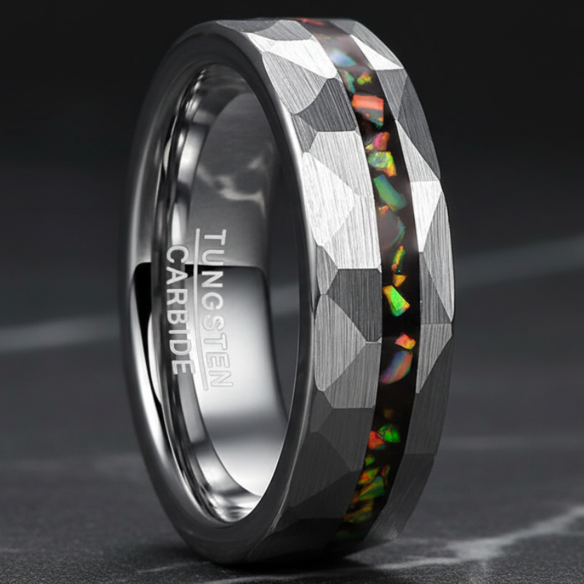 Hammered Sand Inlaid with Opal Steel tungsten Ring