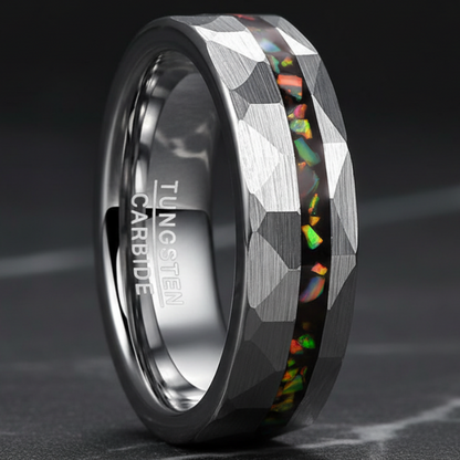 Hammered Sand Inlaid with Opal Steel tungsten Ring