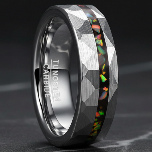 Hammered Sand Inlaid with Opal Steel tungsten Ring