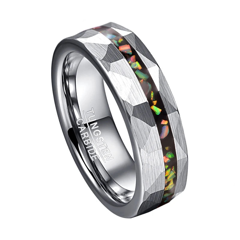Hammered Sand Inlaid with Opal Steel tungsten Ring