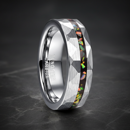 Hammered Sand Inlaid with Opal Steel tungsten Ring