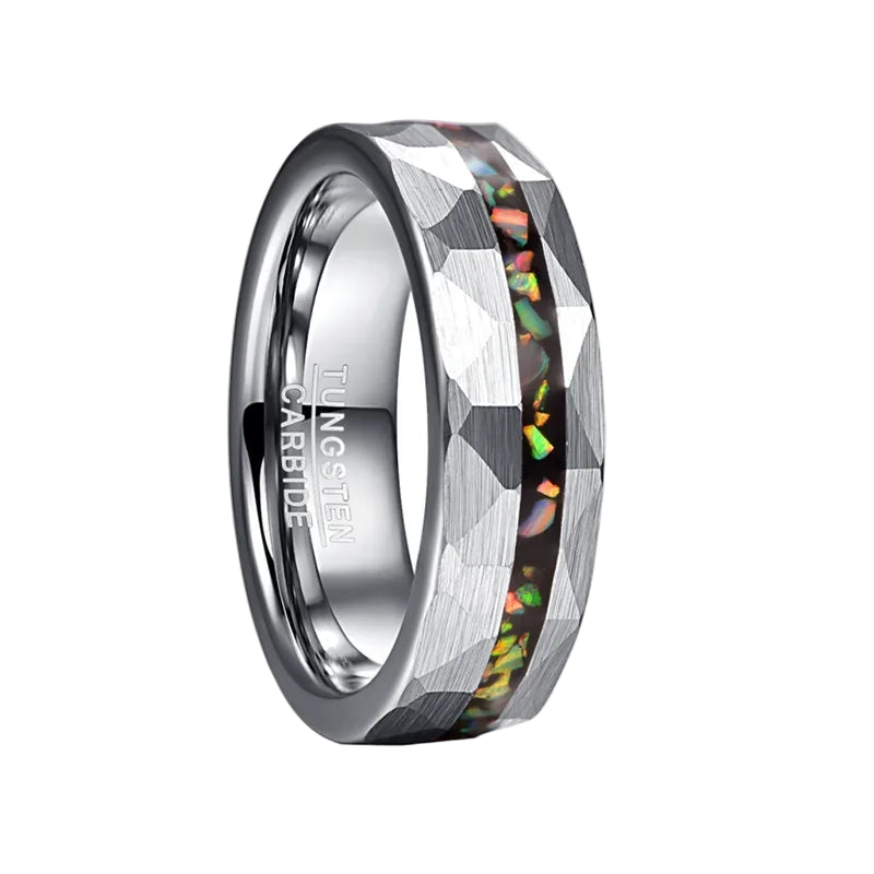 Hammered Sand Inlaid with Opal Steel tungsten Ring