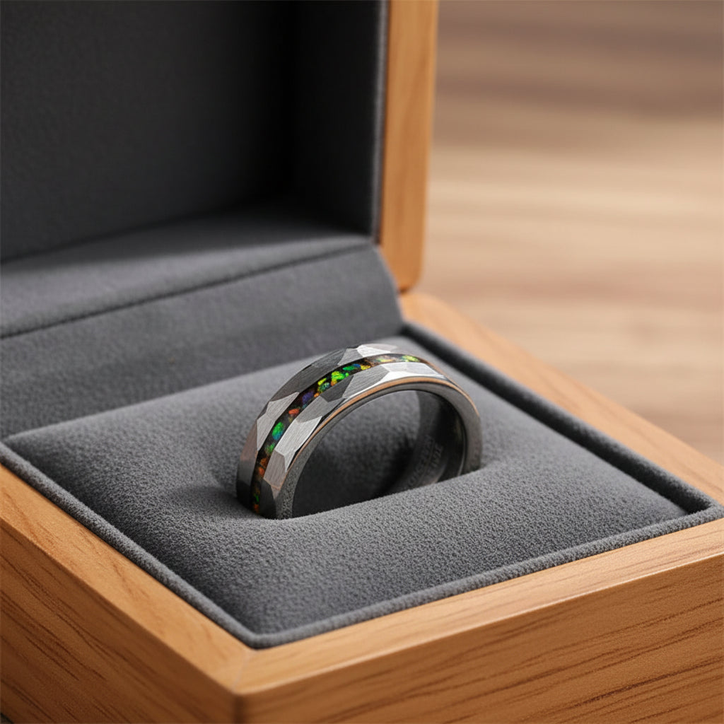 Hammered Sand Inlaid with Opal Steel tungsten Ring