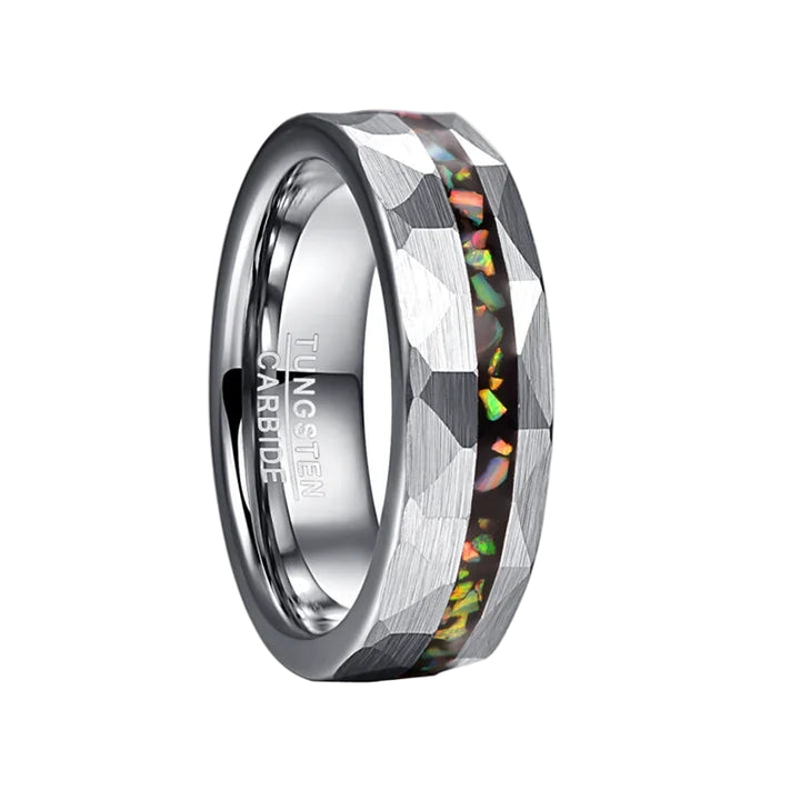 Hammered Sand Inlaid with Opal Steel tungsten Ring