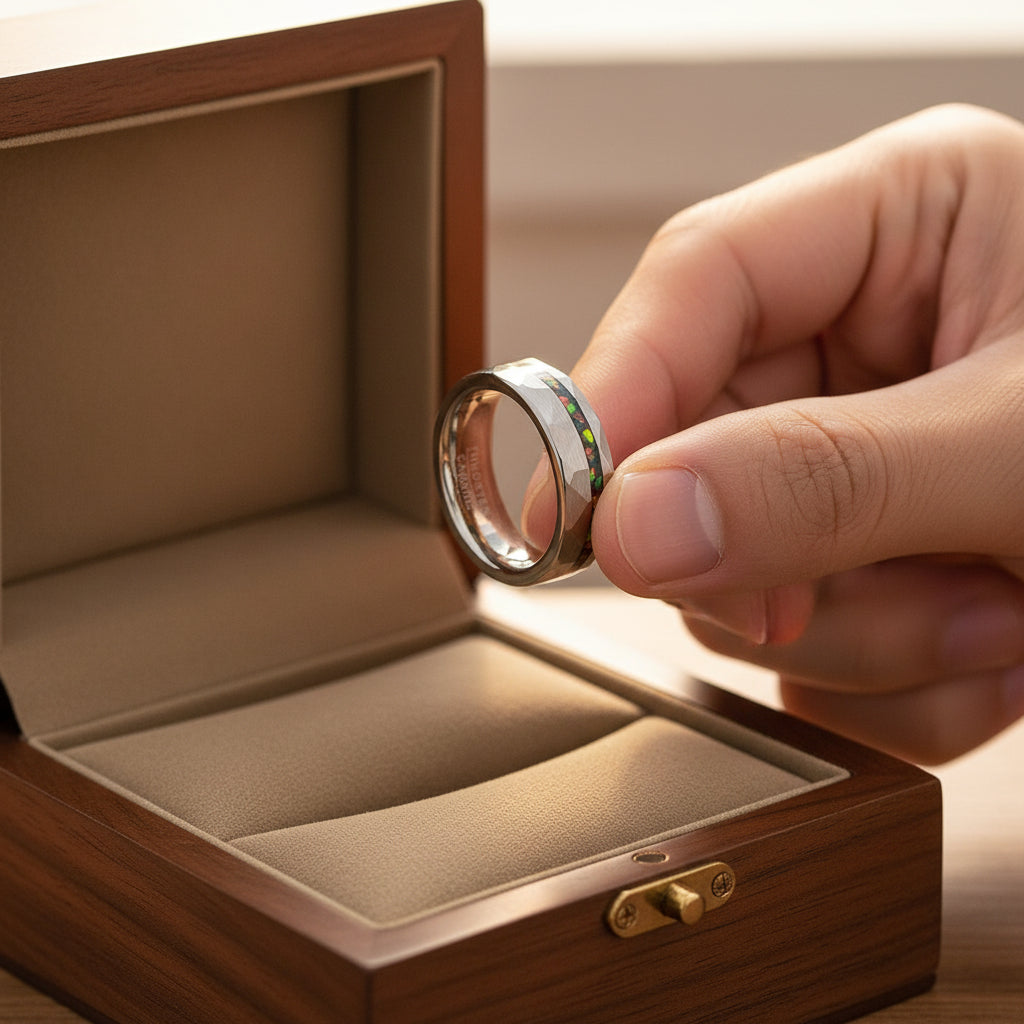 Hammered_Sand_Inlaid_with_Opal_Steel_tungsten_Ring