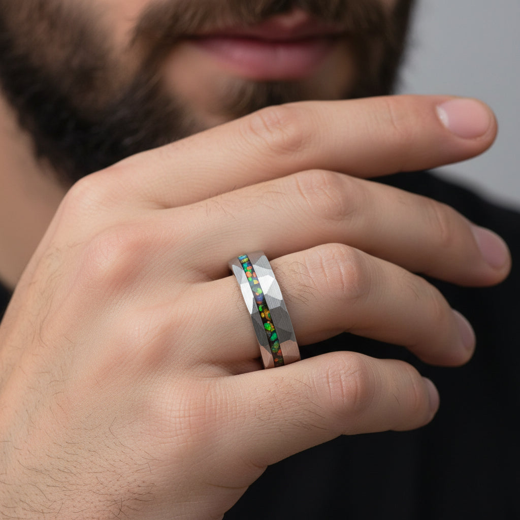 Hammered_Sand_Inlaid_with_Opal_Steel_tungsten_Ring