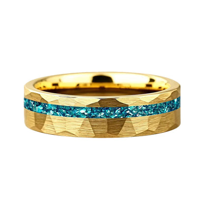 Hammered Tungsten Ring with Blue Crystal Stone Inlay