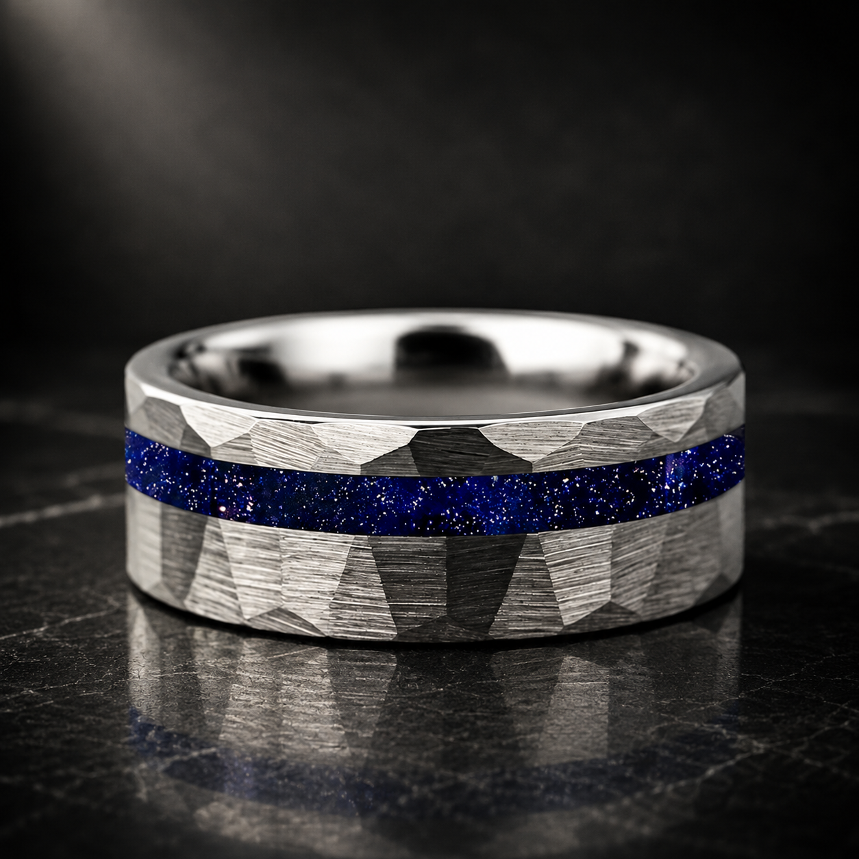 Hammered Tungsten Ring with Galaxy Sandstone Inlay