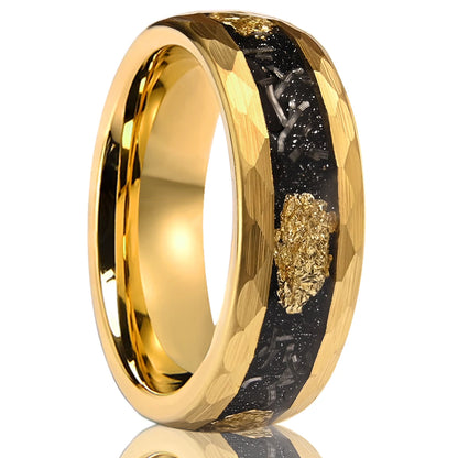 Hammered Tungsten Ring with Gold Foil & Meteorite Inlay