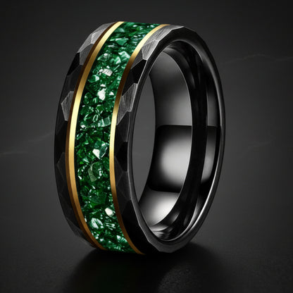 Hammered Tungsten Ring with Green Crystal Inlay (8mm)