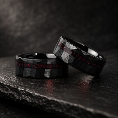 Hammered Tungsten Ring with Red Opal