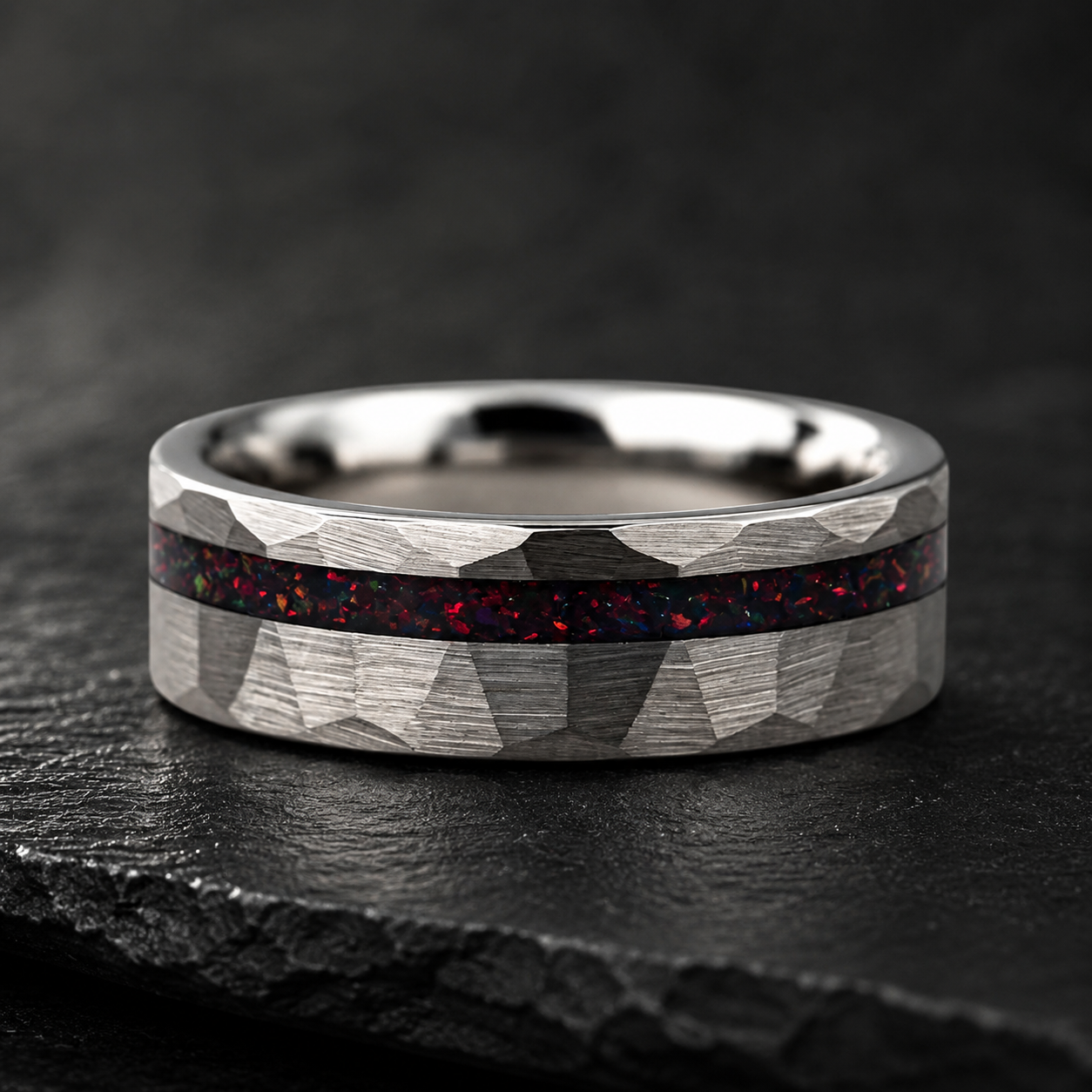 Hammered Tungsten Ring with Red Opal