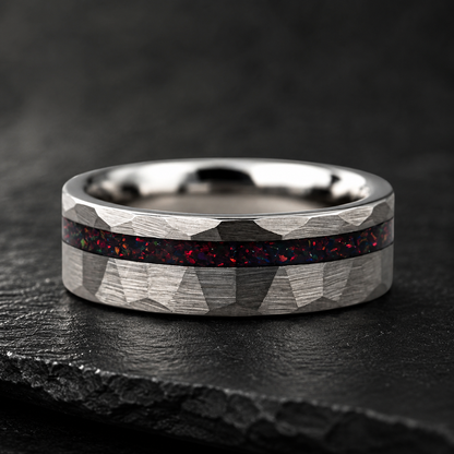 Hammered Tungsten Ring with Red Opal