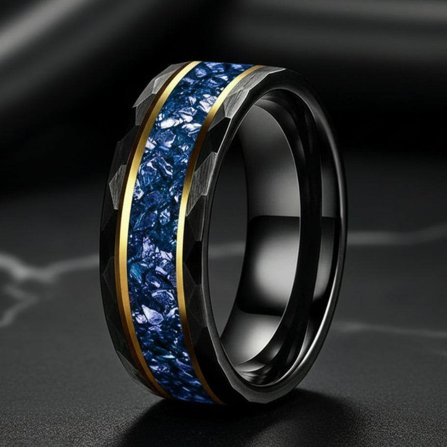 Hammered Tungsten Ring with Blue Crystal Inlay