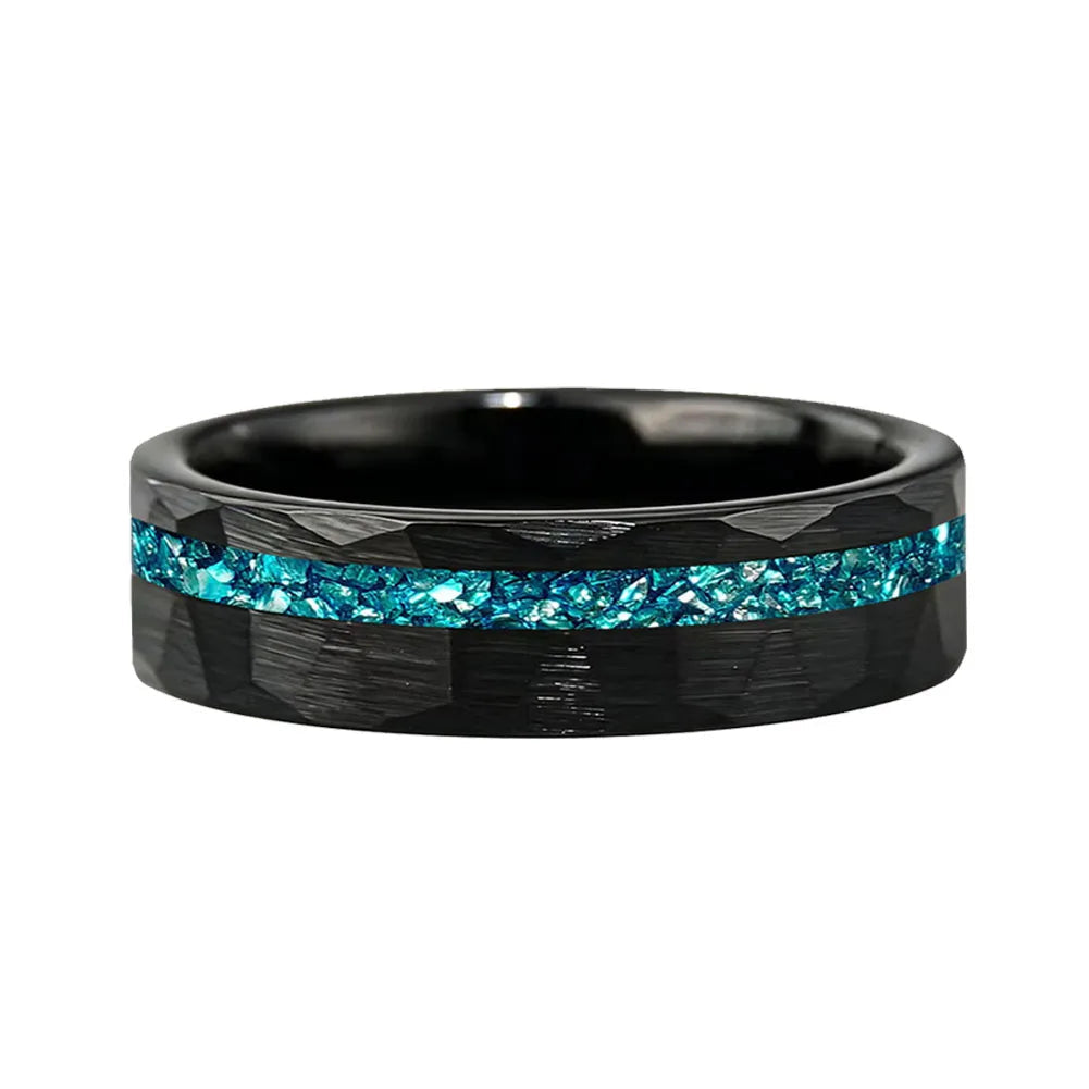 Hammered Tungsten Ring with Blue Crystal Stone Inlay