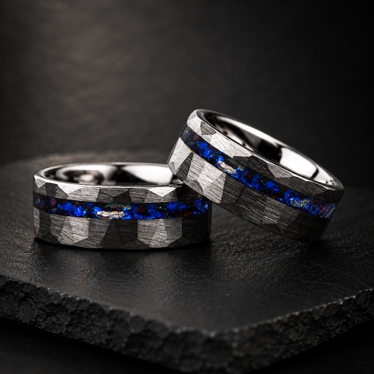 Hammered Tungsten Ring with Blue Glass Stone & Meteorite