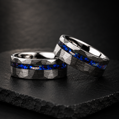 Hammered Tungsten Ring with Blue Glass Stone & Meteorite