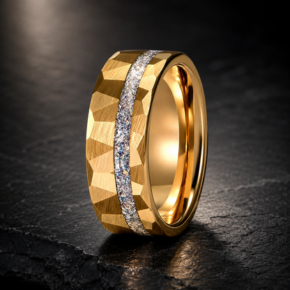 Hammered Tungsten Ring with Crushed White Opal Inlay