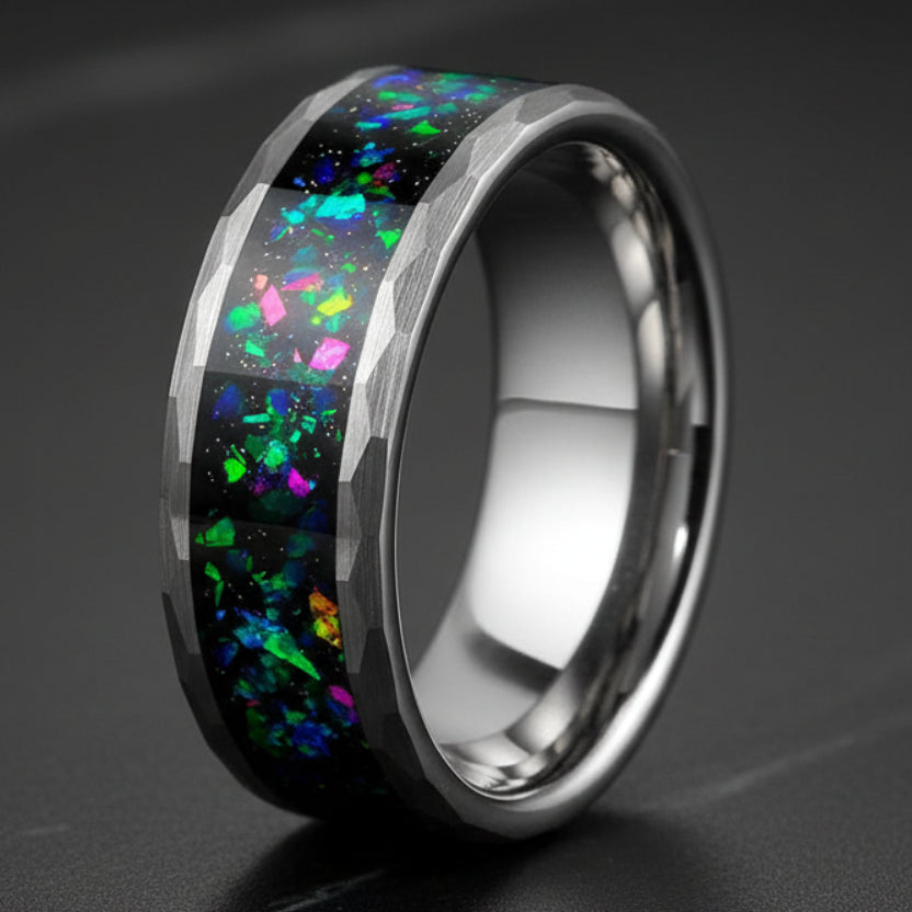 Hammered Tungsten Ring with Galaxy Opal 