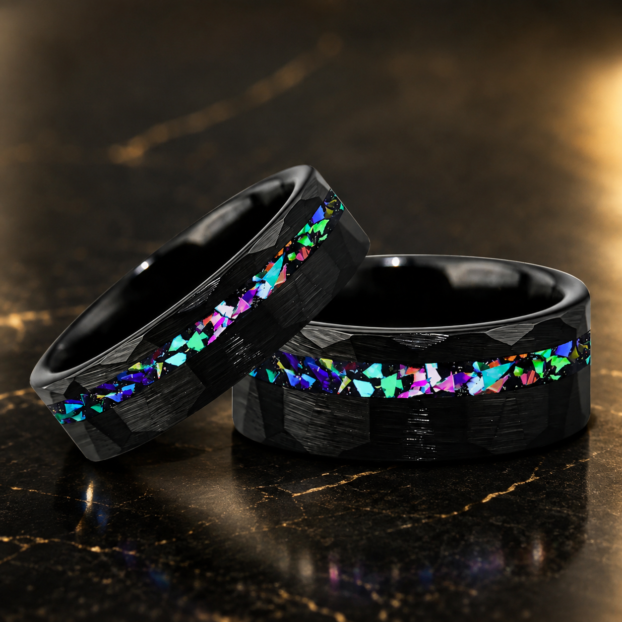 Hammered Tungsten Ring with Galaxy Opal Inlay