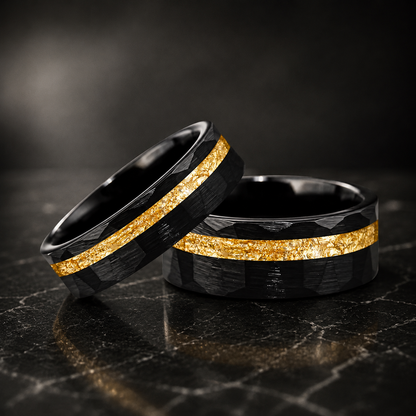 Hammered Tungsten Ring with Gold Foil Offset Groove Inlay