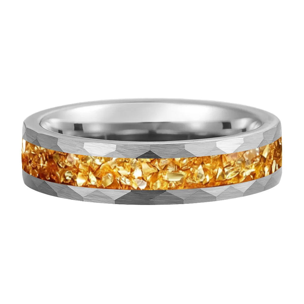 Hammered Tungsten Ring with Golden Crystal Stone Inlay