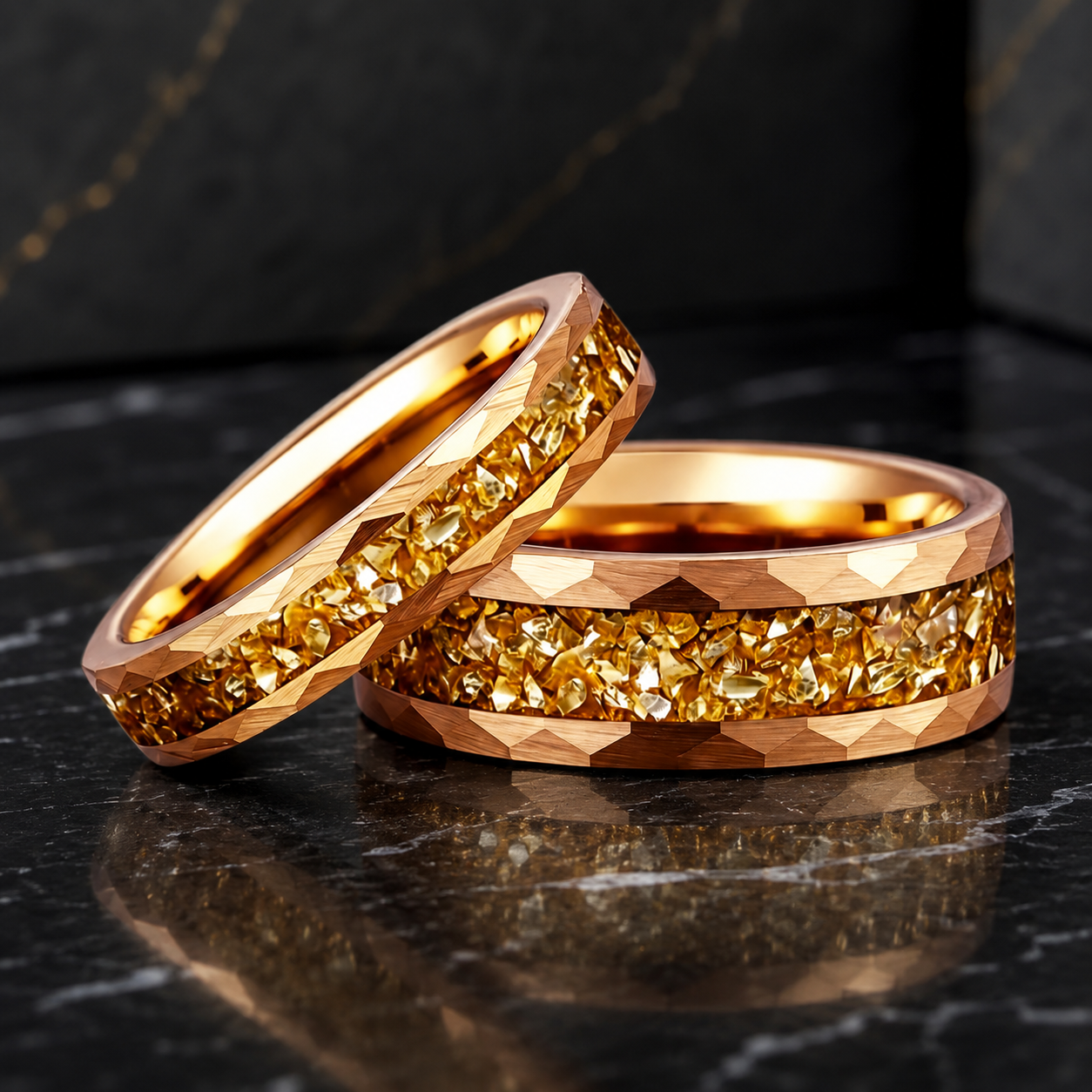 Hammered Tungsten Ring with Golden Crystal Stone Inlay
