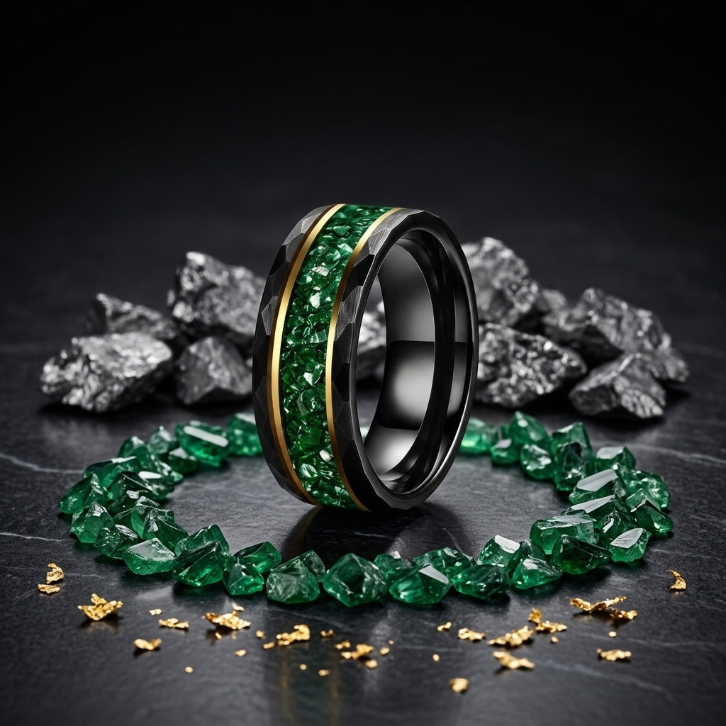 Hammered Tungsten Ring with Green Crystal Inlay
