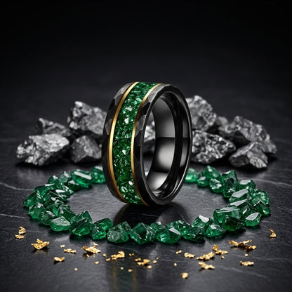 Hammered Tungsten Ring with Green Crystal Inlay