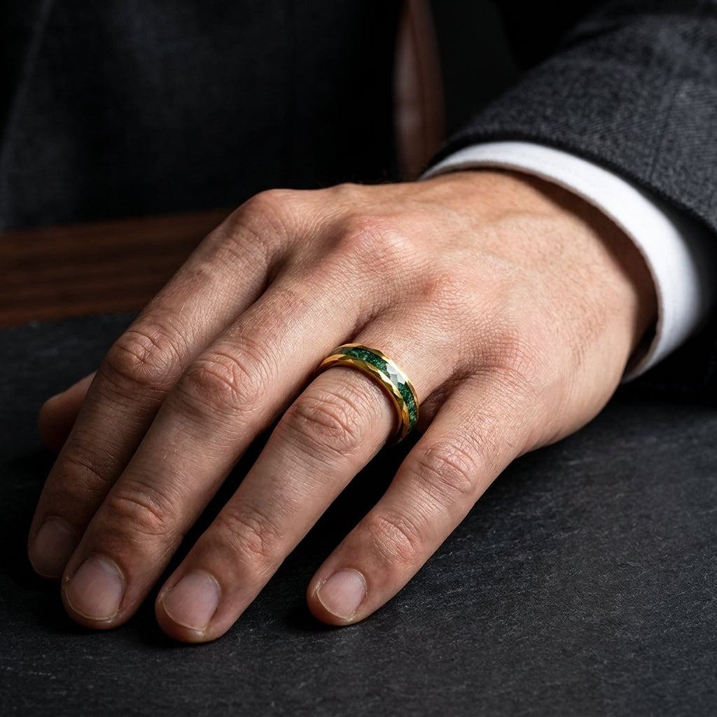 Hammered Tungsten Ring with Green Moss Agate Inlay
