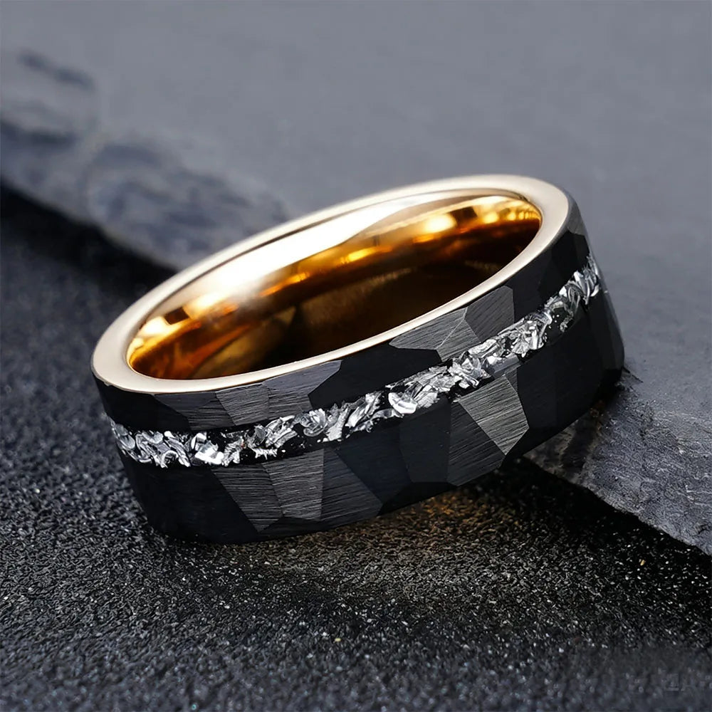 Hammered Tungsten Ring with Iron Filings & Opal Inlay