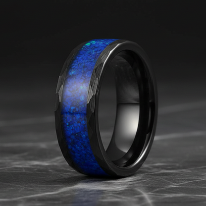 Hammered Tungsten Ring with Lapis Lazuli Inlay 