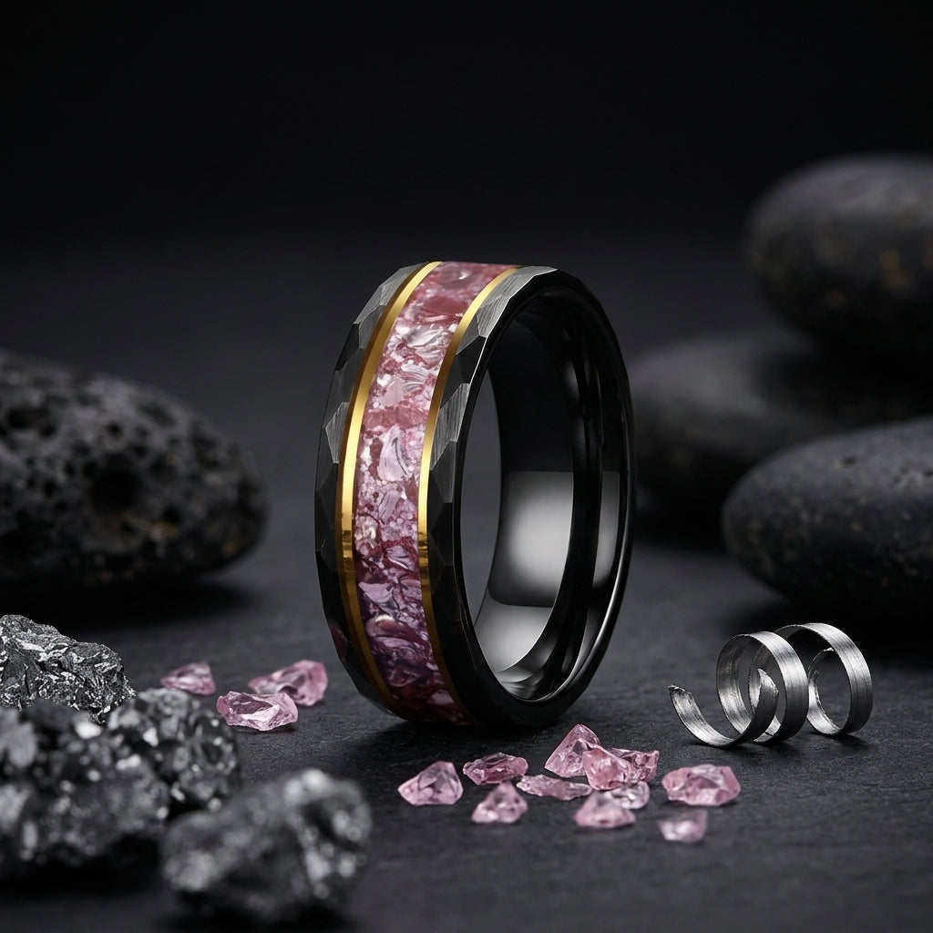 8MM Hammered Tungsten Ring with Pink Morganite Inlay