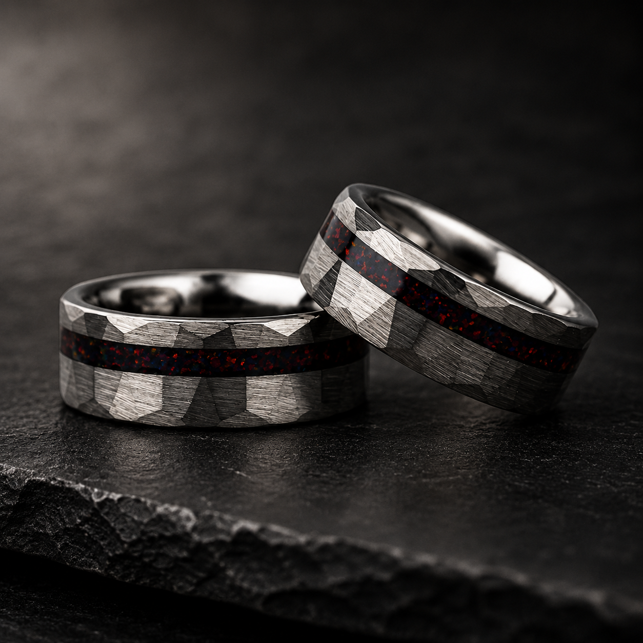 Hammered Tungsten Ring with Red Opal