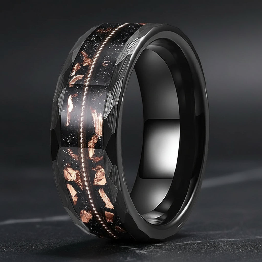 Hammered Tungsten Ring with Rose Gold Foil
