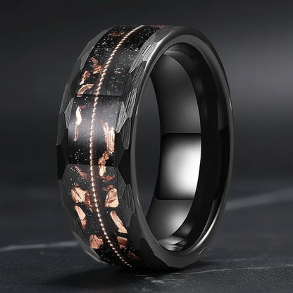Hammered Tungsten Ring with Rose Gold Foil