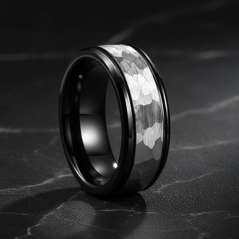 8mm Hammered Tungsten Mens Ring