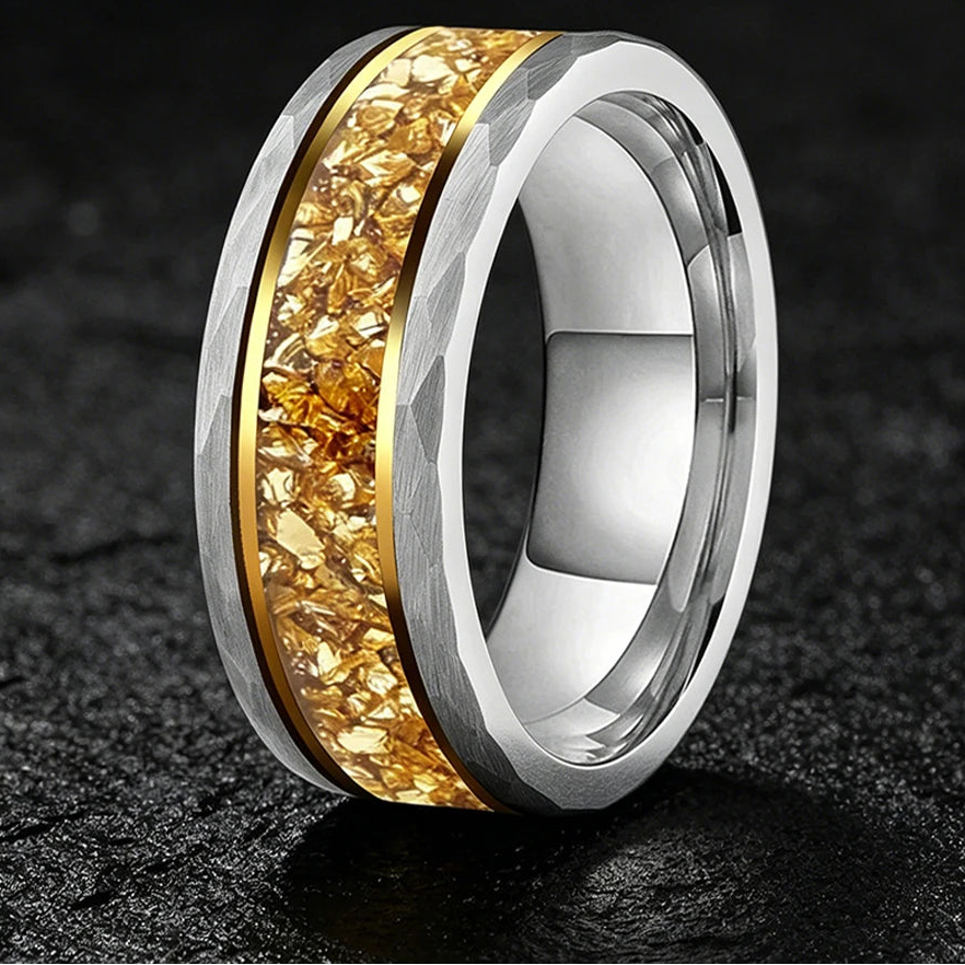 Hammered Tungsten Ring with Gold Crystal Inlay