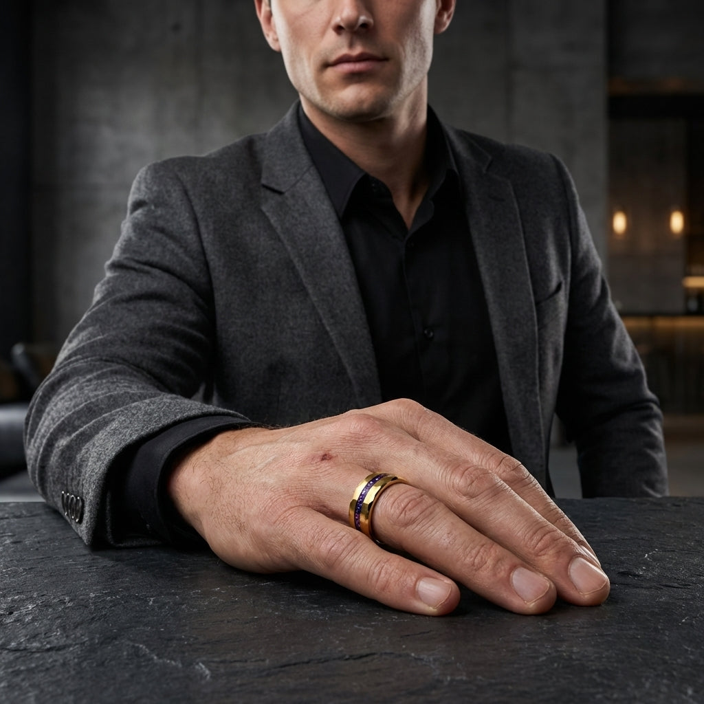 Hammered Tungsten Ring with Blue & Purple Opal Inlay