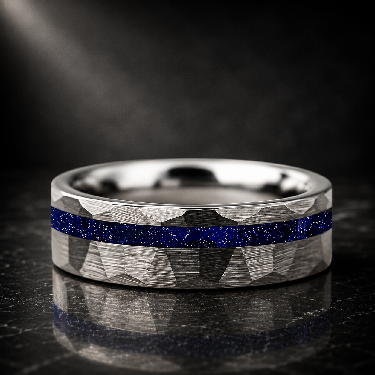 Hammered Tungsten Ring with Galaxy Sandstone Inlay