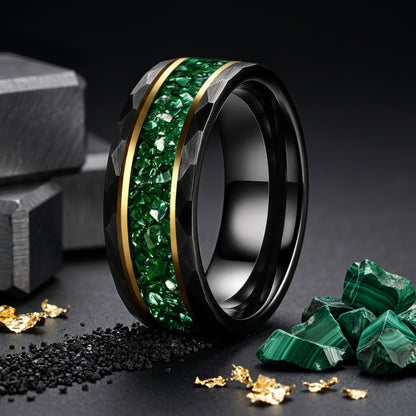 Hammered Tungsten Ring with Green Crystal Inlay